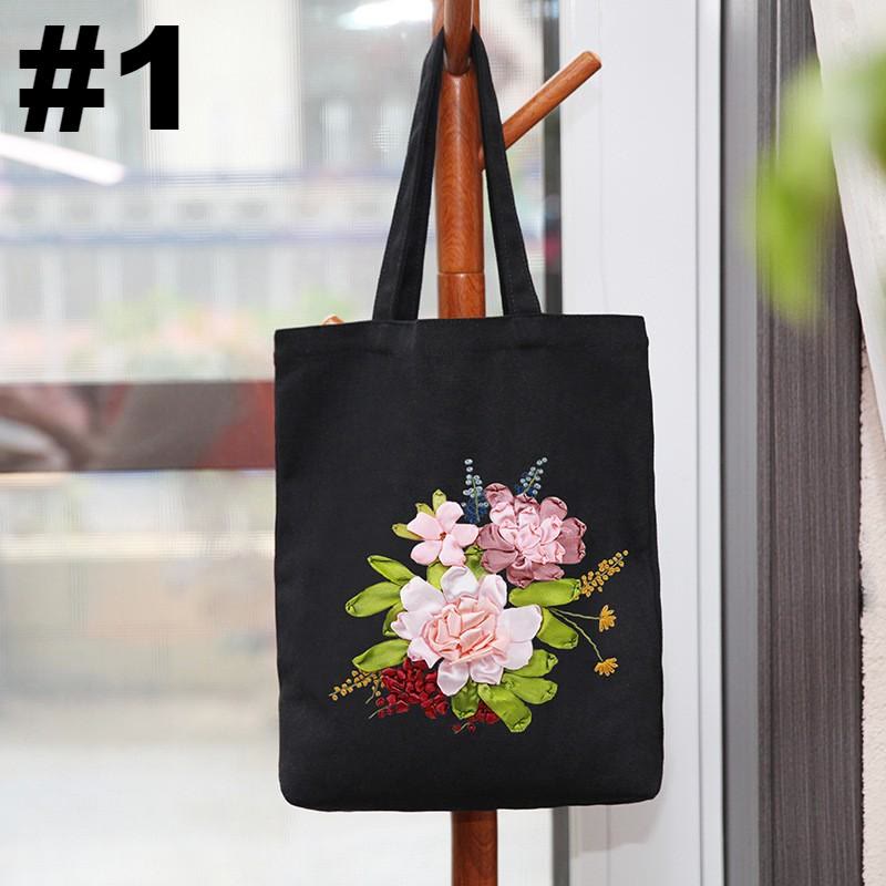 Ribbon Embroidery Black Canvas Tote Bag Kits | Beautiful Bouquet Bags |  Eco-friendly Shopping Bags - #1 - image 1