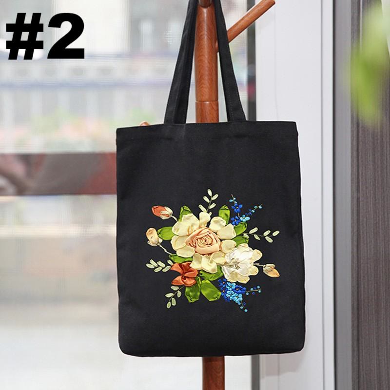 Ribbon Embroidery Black Canvas Tote Bag Kits | Beautiful Bouquet Bags |  Eco-friendly Shopping Bags - #2 - image 2