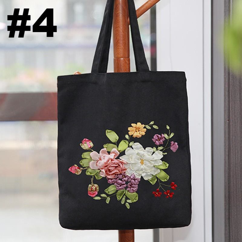 Ribbon Embroidery Black Canvas Tote Bag Kits | Beautiful Bouquet Bags |  Eco-friendly Shopping Bags - #4 - image 4