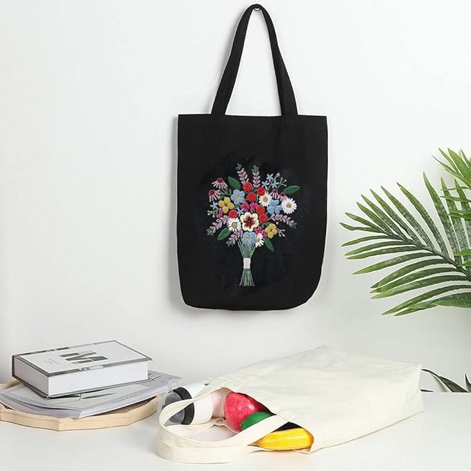 Embroidery Black Canvas Tote Bag Kits | Easy Craft For Beginners |  Diy Embroidered Flower Bags - image 13