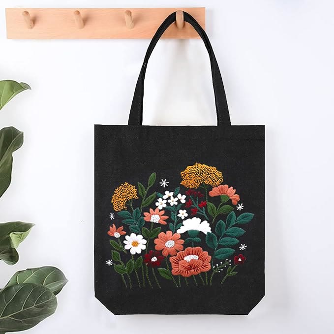 Embroidery Black Canvas Tote Bag Kits | Easy Craft For Beginners |  Diy Embroidered Flower Bags - image 0