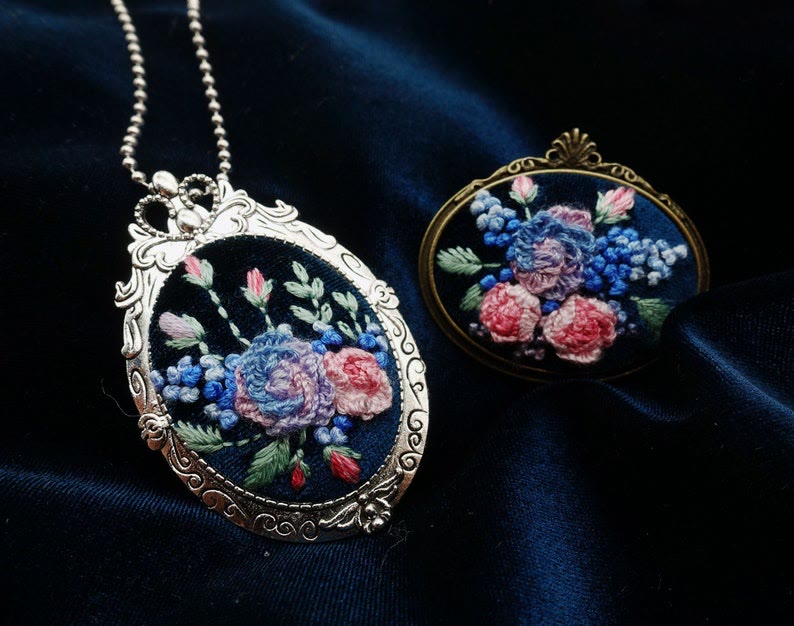 Embroidery Oval Brooch |  Antique Silver Bronze Pin Brooch | Cross Stitch Tray - image 3