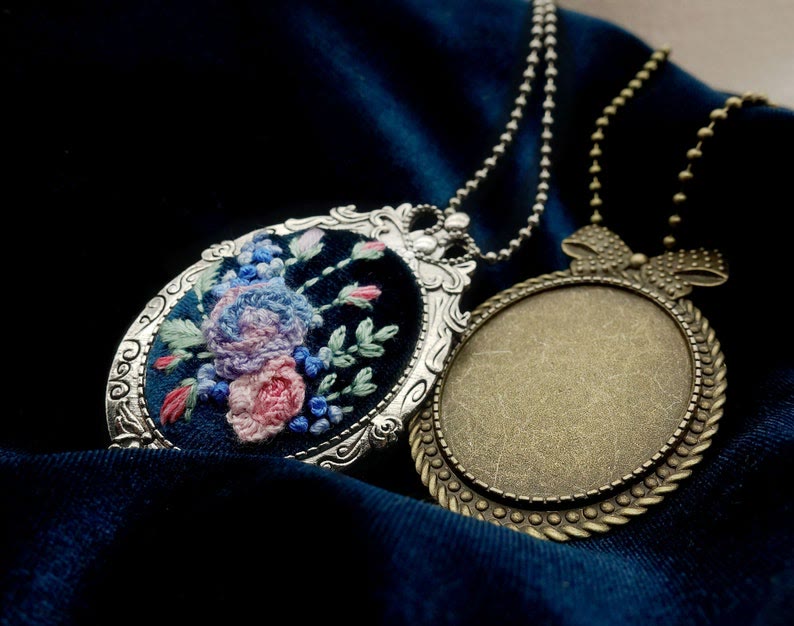 Embroidery Oval Brooch |  Antique Silver Bronze Pin Brooch | Cross Stitch Tray - image 2