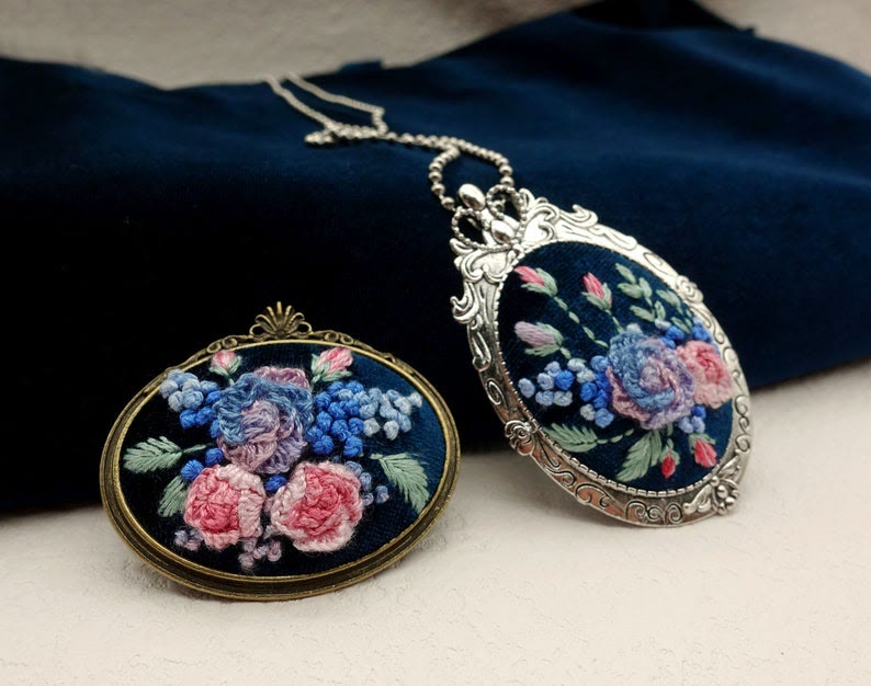 Embroidery Oval Brooch |  Antique Silver Bronze Pin Brooch | Cross Stitch Tray - image 1