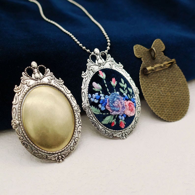Embroidery Oval Brooch |  Antique Silver Bronze Pin Brooch | Cross Stitch Tray - image 0
