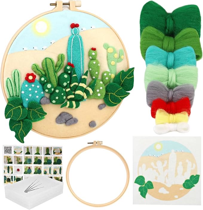  Cactus And Desert Needle Felt  Kit With Frame - Colourful Wall Decoration | Gifts For Handmake Lovers - image 1