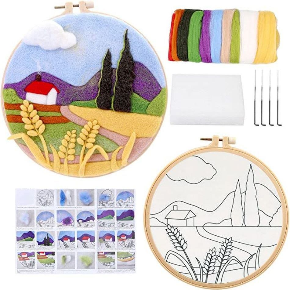 Hillside Needle Felt  Kit With Frame - Landscape Needlecrafts | Diy Home Decor - image 1