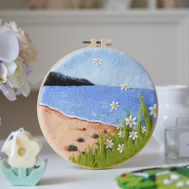 Summer Beach Needle Felt  Kit With Frame - Charming Desk Adornment | Diy Wool Felt Set - Summer Beach Needle Felt  Kit - image 0