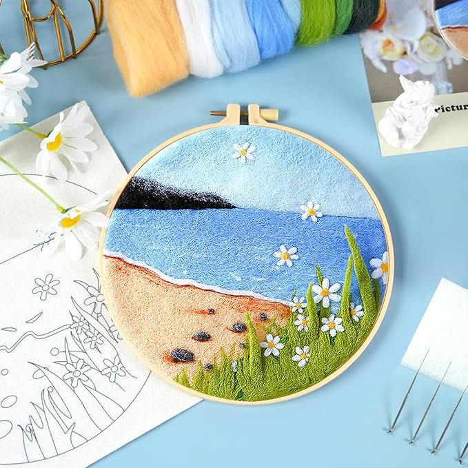 Summer Beach Needle Felt  Kit With Frame - Charming Desk Adornment | Diy Wool Felt Set - image 5