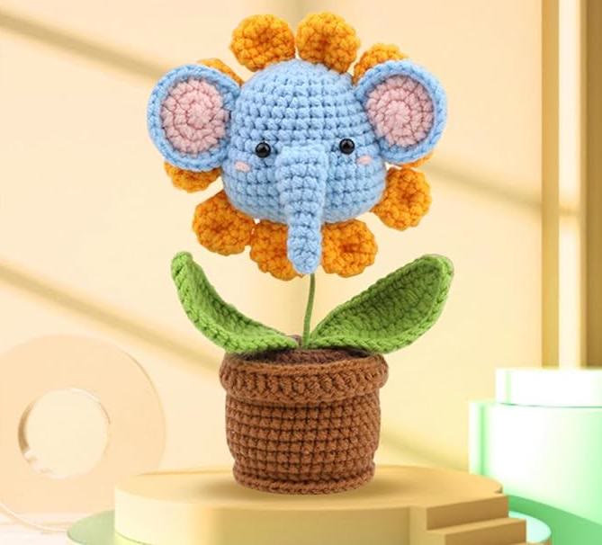  Handmade Potted  Elephant Crochet Kit - Sunflower Design Toys | Diy Decoration Gift For Friends - Handmade Potted  Elephant Crochet Kit - image 0