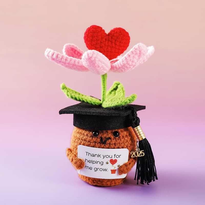 Handmade Graduation Flower Bouquets Crochet - Woven Floral Doll | Artistic Desk Decor | Suitable For Classmates - Red Heart With Brown Potted - image 16