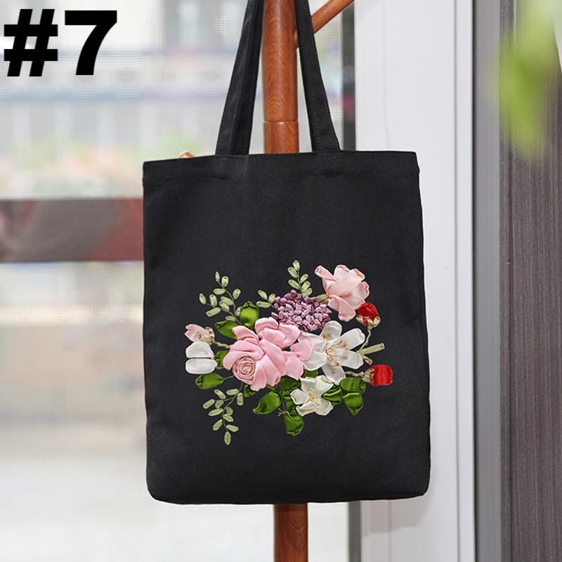 Ribbon Embroidery Black Canvas Tote Bag Kits | Beautiful Bouquet Bags |  Eco-friendly Shopping Bags - #7 - image 7