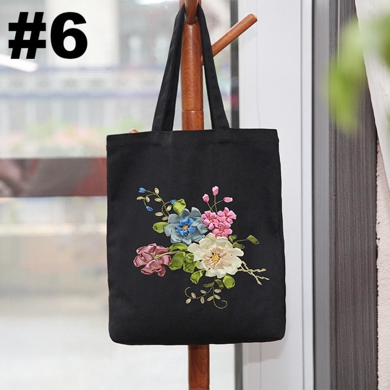 Ribbon Embroidery Black Canvas Tote Bag Kits | Beautiful Bouquet Bags |  Eco-friendly Shopping Bags - #6 - image 6