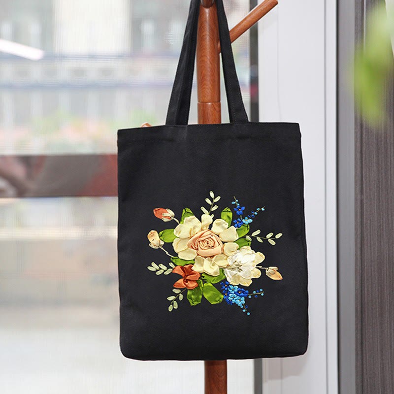 Ribbon Embroidery Black Canvas Tote Bag Kits | Beautiful Bouquet Bags |  Eco-friendly Shopping Bags - image 0