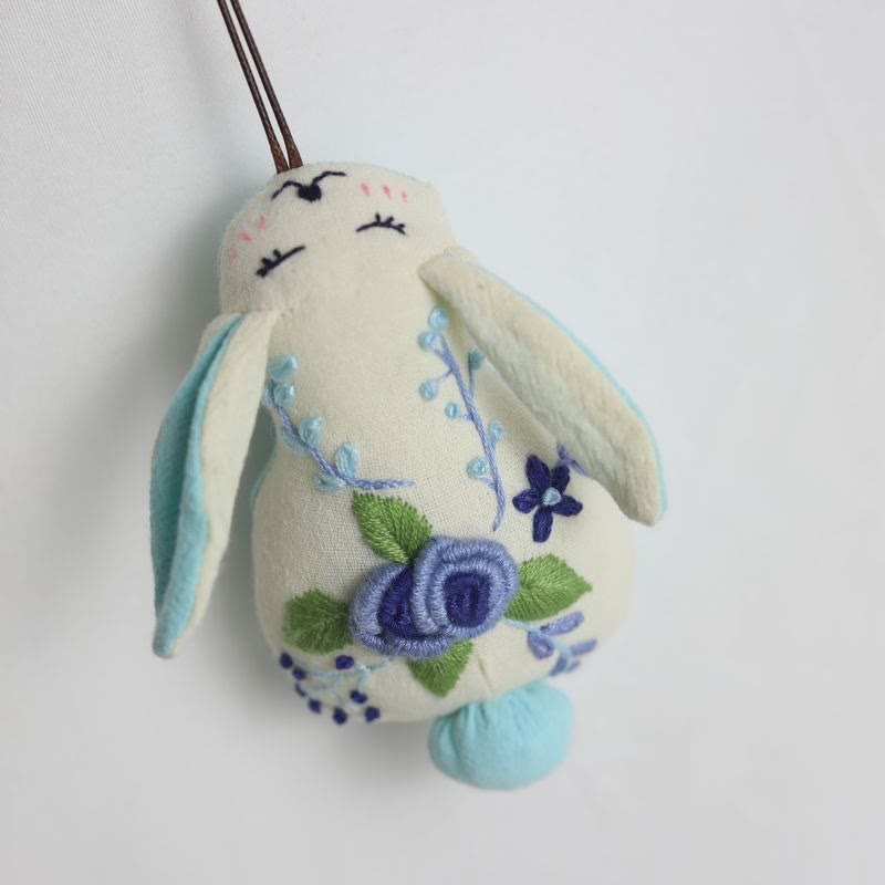 Embroidered Animal Dolls - Stylish Handmake Pendant | Cute Key Chain - Rabbit with bule rose - image 1