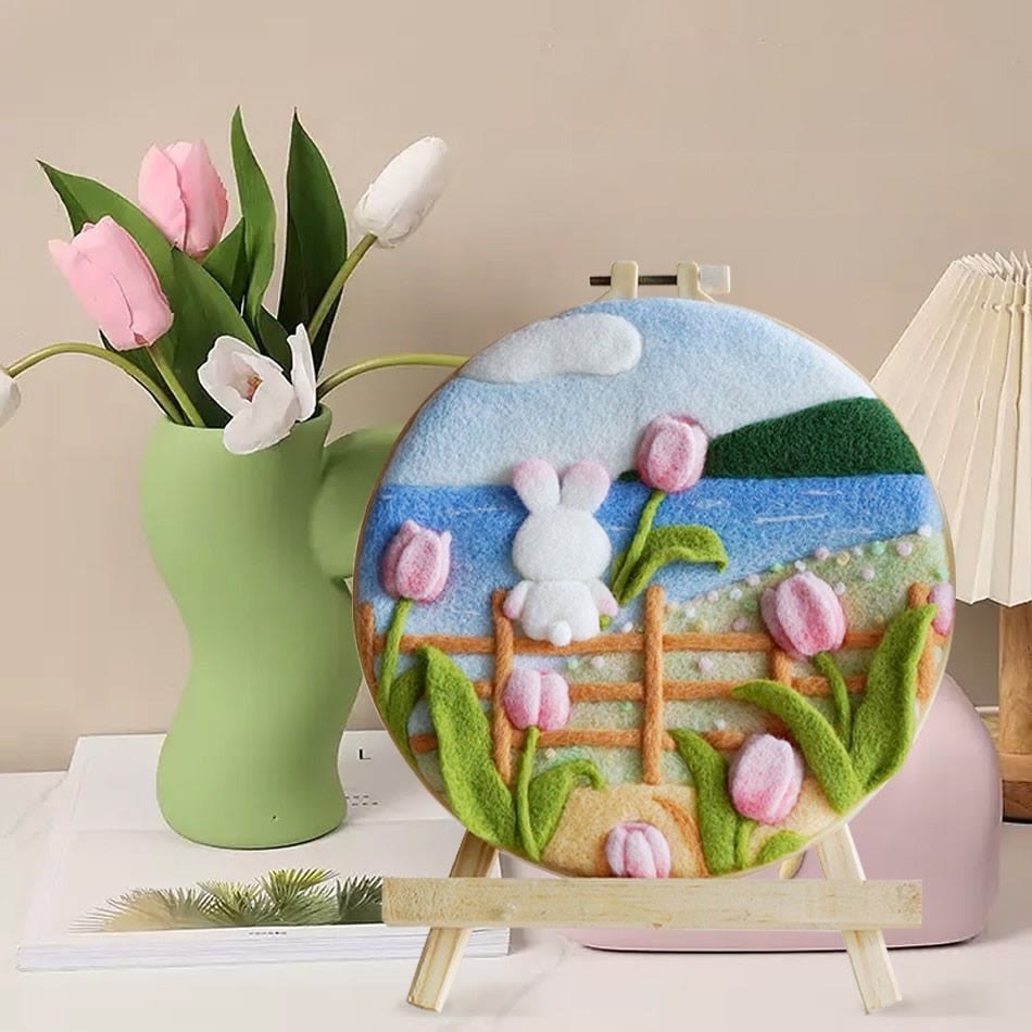 Tulips And Bunny Needle Felt  Kit With Frame - Cute Floral Animal Craft |  Diy  Scenic Needlework  - Tulips And Bunny Needle Felt  Kit - image 0