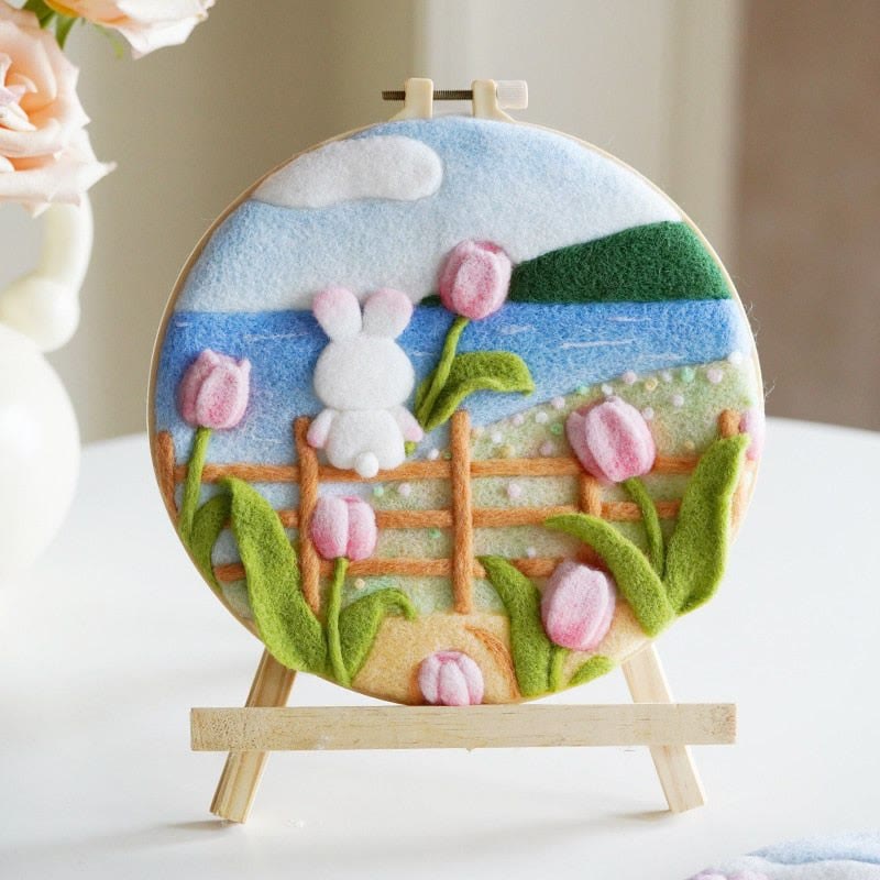 Tulips And Bunny Needle Felt  Kit With Frame - Cute Floral Animal Craft |  Diy  Scenic Needlework  - image 3