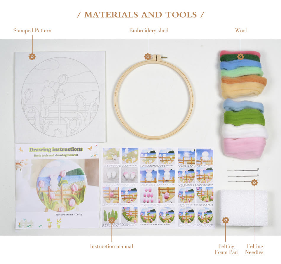 Tulips And Bunny Needle Felt  Kit With Frame - Cute Floral Animal Craft |  Diy  Scenic Needlework  - image 2