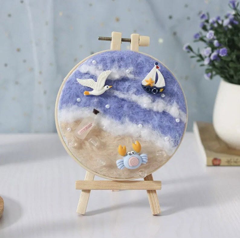 Summer Beach Needle Felt  Kit With Frame - Beginner-friendly Needlework | Diy Handicraft Gift - Summer Beach Needle Felt  Kit - image 2