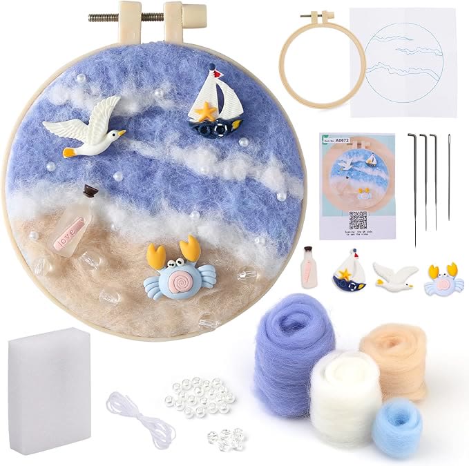 Summer Beach Needle Felt  Kit With Frame - Beginner-friendly Needlework | Diy Handicraft Gift - image 1