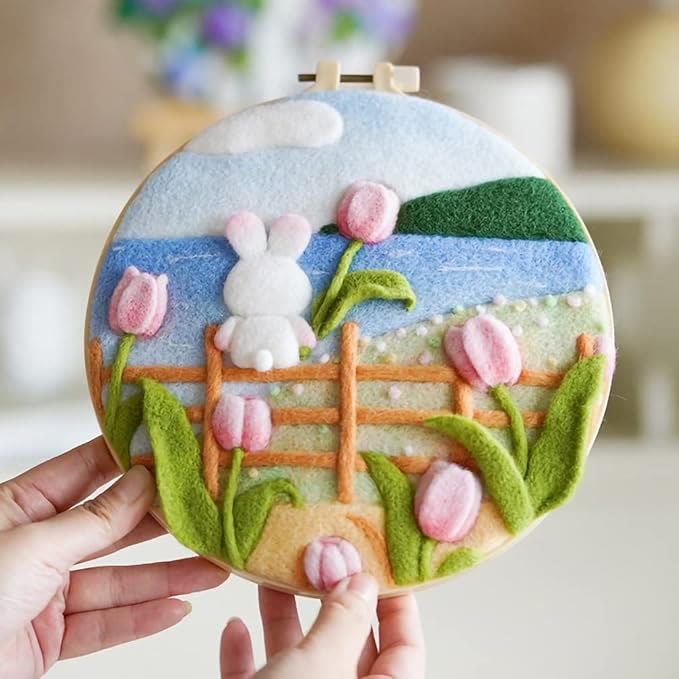 Tulips And Bunny Needle Felt  Kit With Frame - Cute Floral Animal Craft |  Diy  Scenic Needlework  - image 1