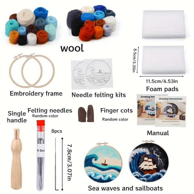 Sea Waves And Sailboats Needle Felt  Kit With Frame - Starter Wool Felt Set  | Unique Desk Decor  - image 2