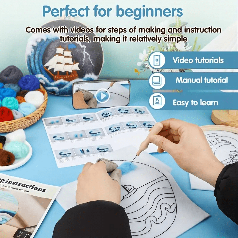 Sea Waves And Sailboats Needle Felt  Kit With Frame - Starter Wool Felt Set  | Unique Desk Decor  - image 6