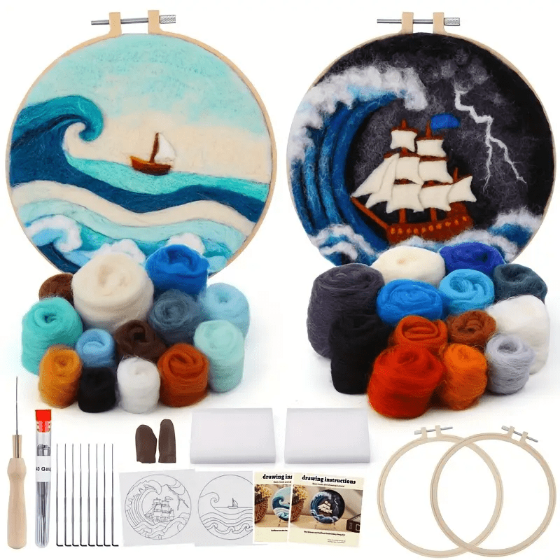 Sea Waves And Sailboats Needle Felt  Kit With Frame - Starter Wool Felt Set  | Unique Desk Decor  - image 1