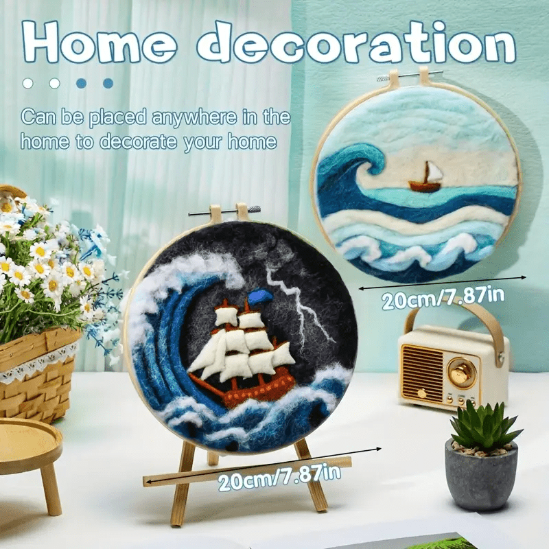 Sea Waves And Sailboats Needle Felt  Kit With Frame - Starter Wool Felt Set  | Unique Desk Decor  - image 7