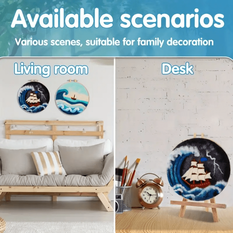 Sea Waves And Sailboats Needle Felt  Kit With Frame - Starter Wool Felt Set  | Unique Desk Decor  - image 8