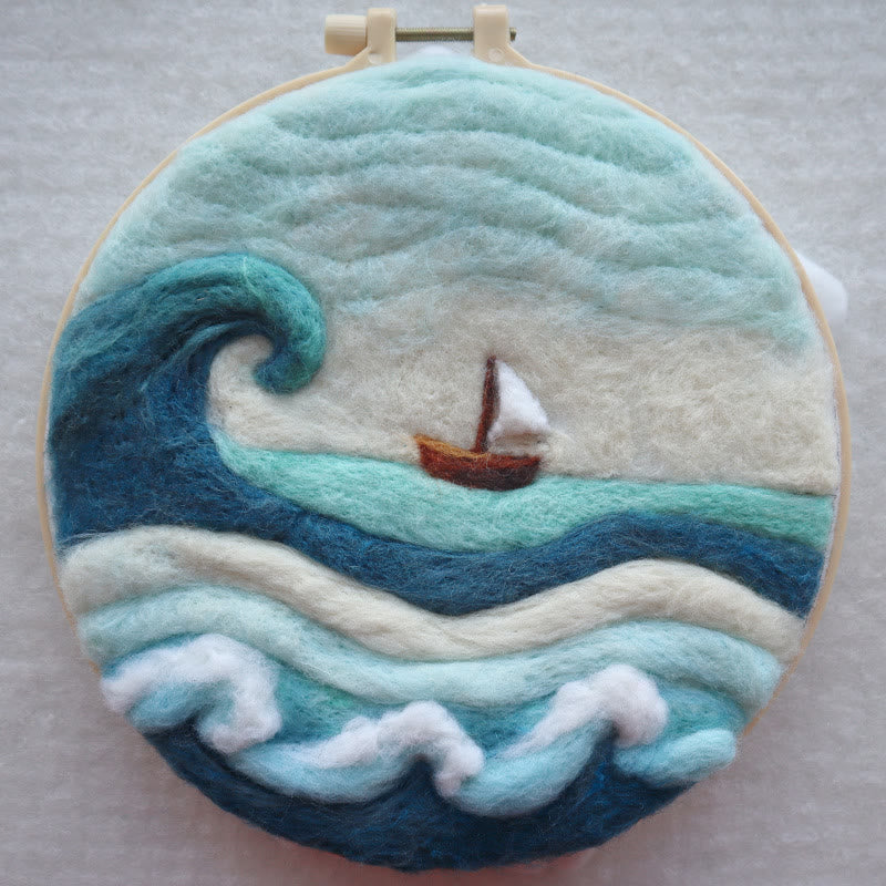 Sea Waves And Sailboats Needle Felt  Kit With Frame - Starter Wool Felt Set  | Unique Desk Decor  - Sea Waves - image 4