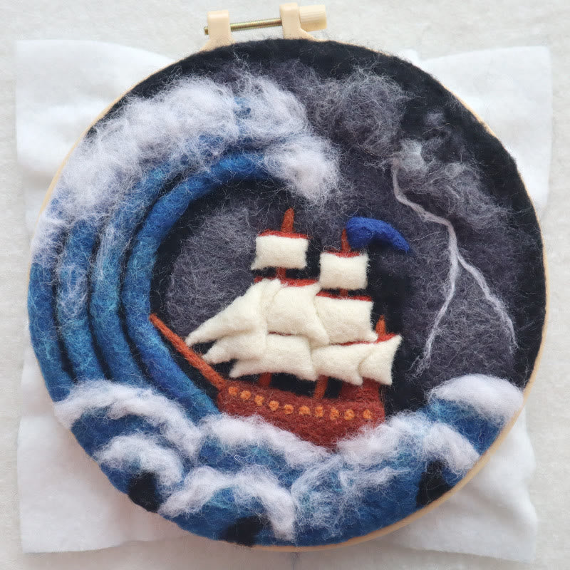 Sea Waves And Sailboats Needle Felt  Kit With Frame - Starter Wool Felt Set  | Unique Desk Decor  - Sailboats - image 3