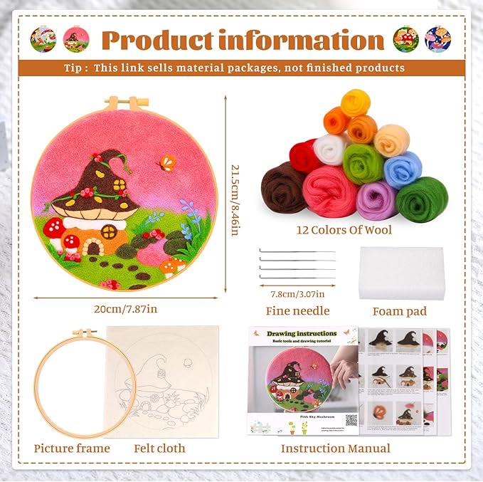 Pink Vibe Mushroom Needle Felt  Kit With Frame - Felt Painting Kit For Beginners | Diy Handmake Decoration - image 6
