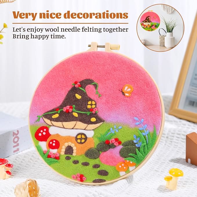 Pink Vibe Mushroom Needle Felt  Kit With Frame - Felt Painting Kit For Beginners | Diy Handmake Decoration - image 3