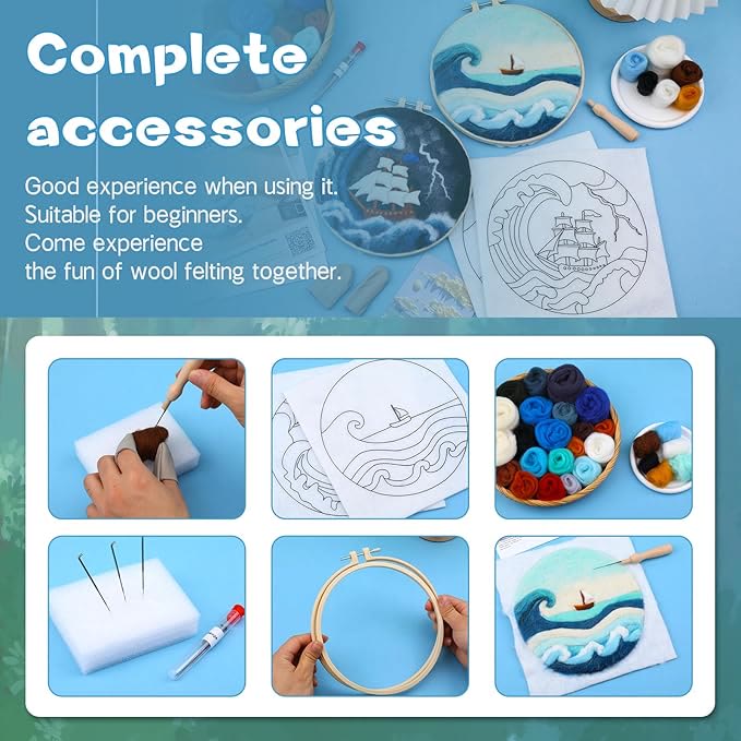 Sea Waves And Sailboats Needle Felt  Kit With Frame - Starter Wool Felt Set  | Unique Desk Decor  - image 9