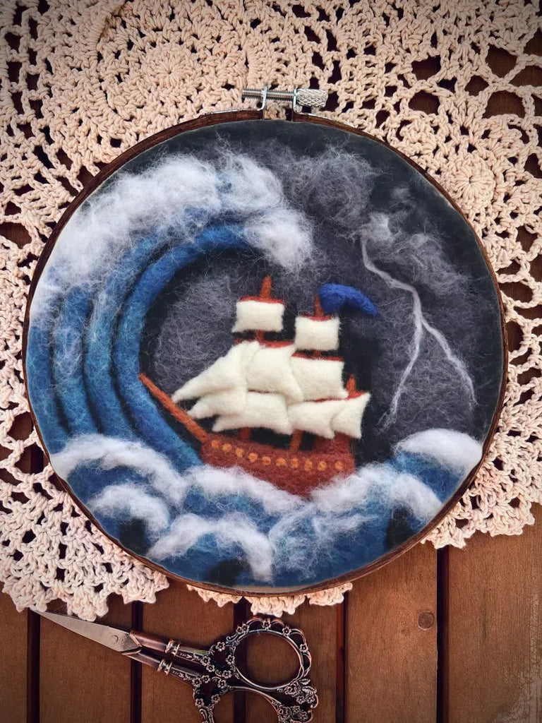 Sea Waves And Sailboats Needle Felt  Kit With Frame - Starter Wool Felt Set  | Unique Desk Decor  - image 0