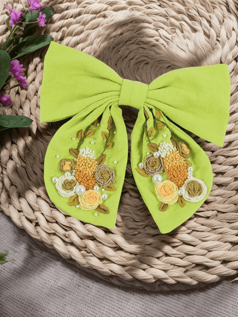 Rubbyoo Embroidery Bow Hairpin - Floral Peal Barrettes | Exquisite Hair Clip | Birthday Gifts For Her - Green Pearl Bow - image 1