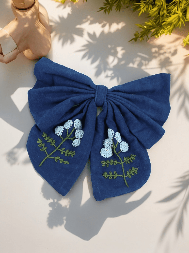 Rubbyoo Embroidery Bow Hairpin - Floral Peal Barrettes | Exquisite Hair Clip | Birthday Gifts For Her - Dark Blue Bow - image 0