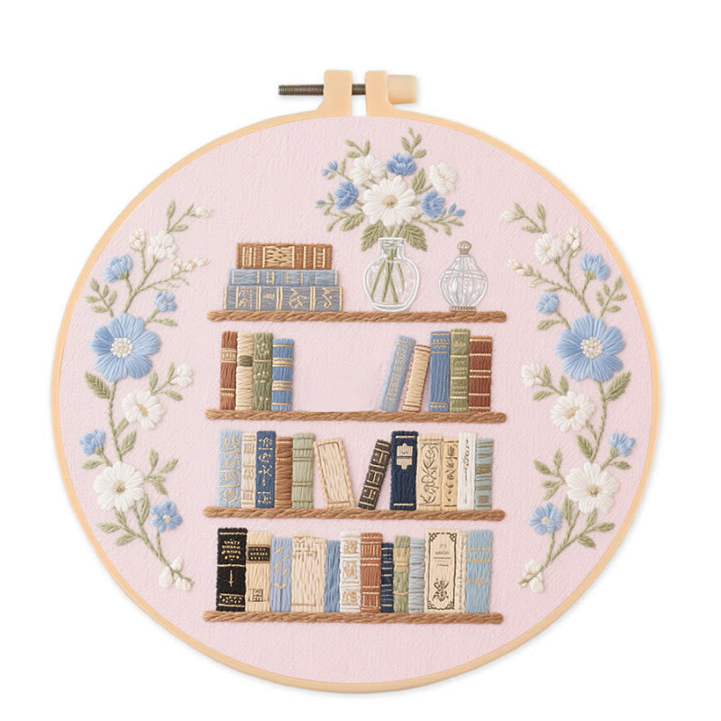 Rubbyoo Embroidery Kit - Bookshelf With Flowers | Book Lover Gift - 20*20cm - image 0