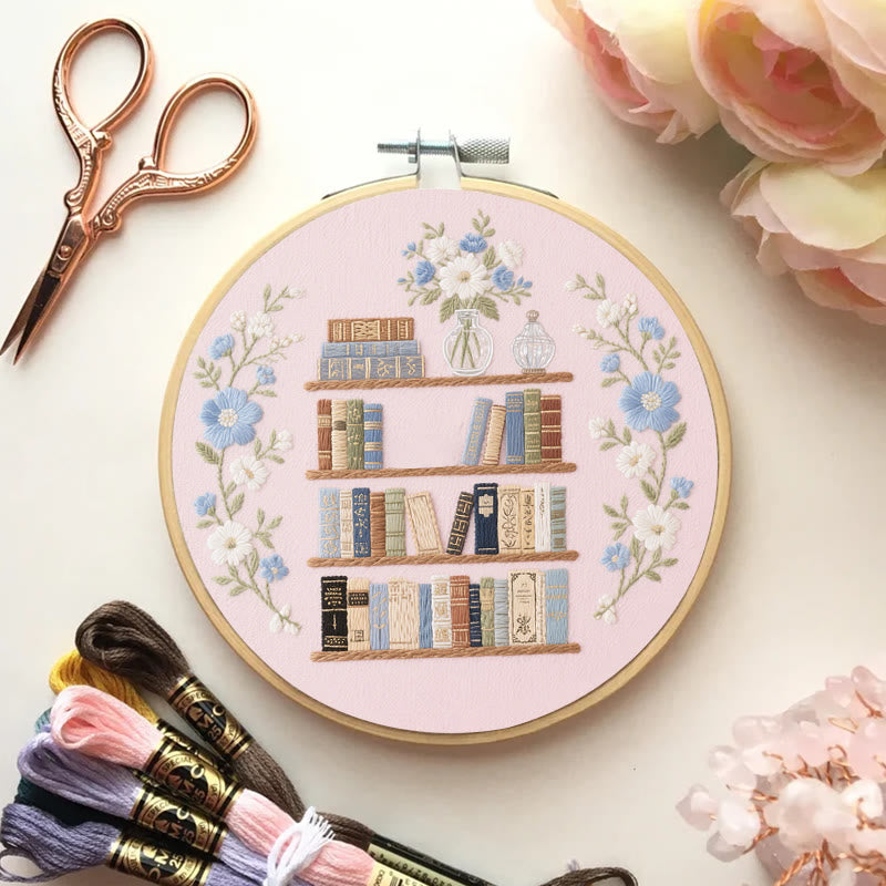 Rubbyoo Embroidery Kit - Bookshelf With Flowers | Book Lover Gift - image 3