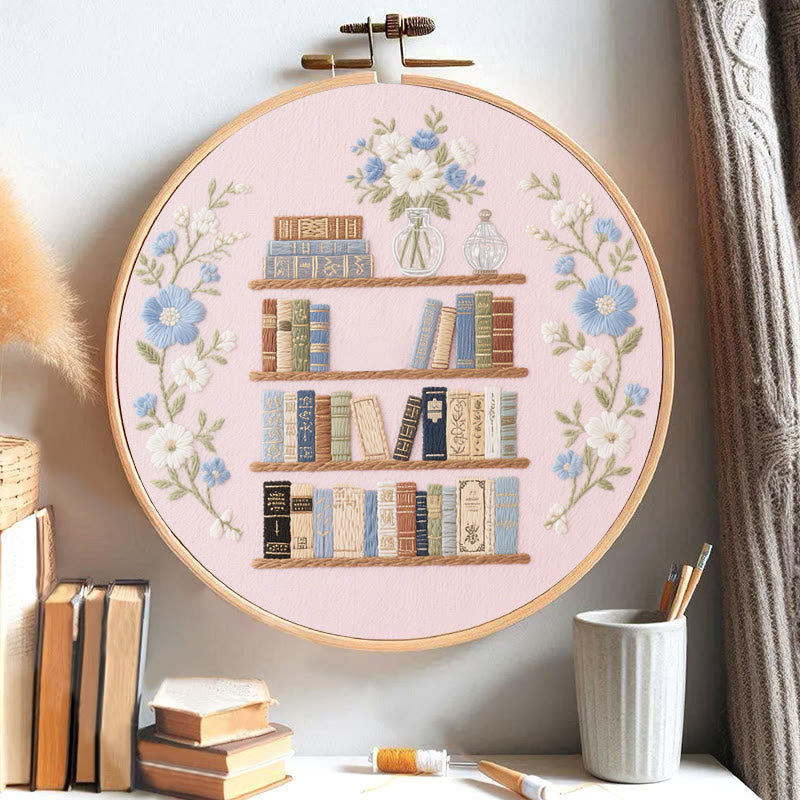 Rubbyoo Embroidery Kit - Bookshelf With Flowers | Book Lover Gift - image 1