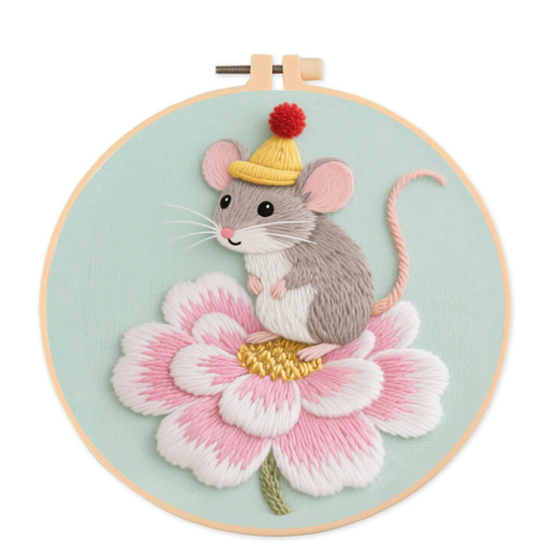 Rubbyoo Embroidery Kit - Lotus Little Mouse | Adorable Animal Needlework  - 20*20cm - image 0