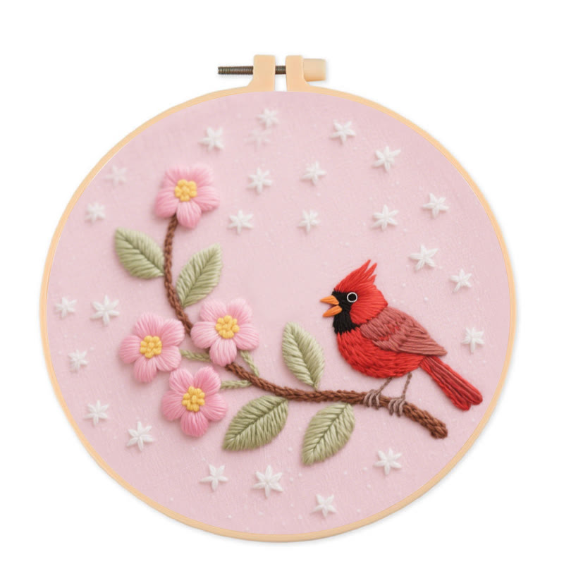 Rubbyoo Embroidery Kit - Little Cardinal With Pink Flowers | Diy Fantasy Sewing Craft  - 20*20cm - image 0