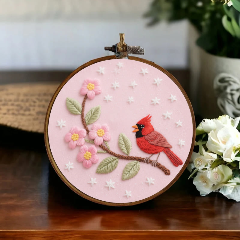 Rubbyoo Embroidery Kit - Little Cardinal With Pink Flowers | Diy Fantasy Sewing Craft  - image 1