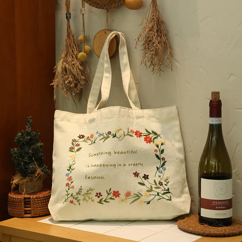 Handmade Flower Tote Bag Kit | Reusable Market Bag | Large Shoulder Bag | Nice Handmade Gift - "Good things happen" Tote Bag Kit - image 0