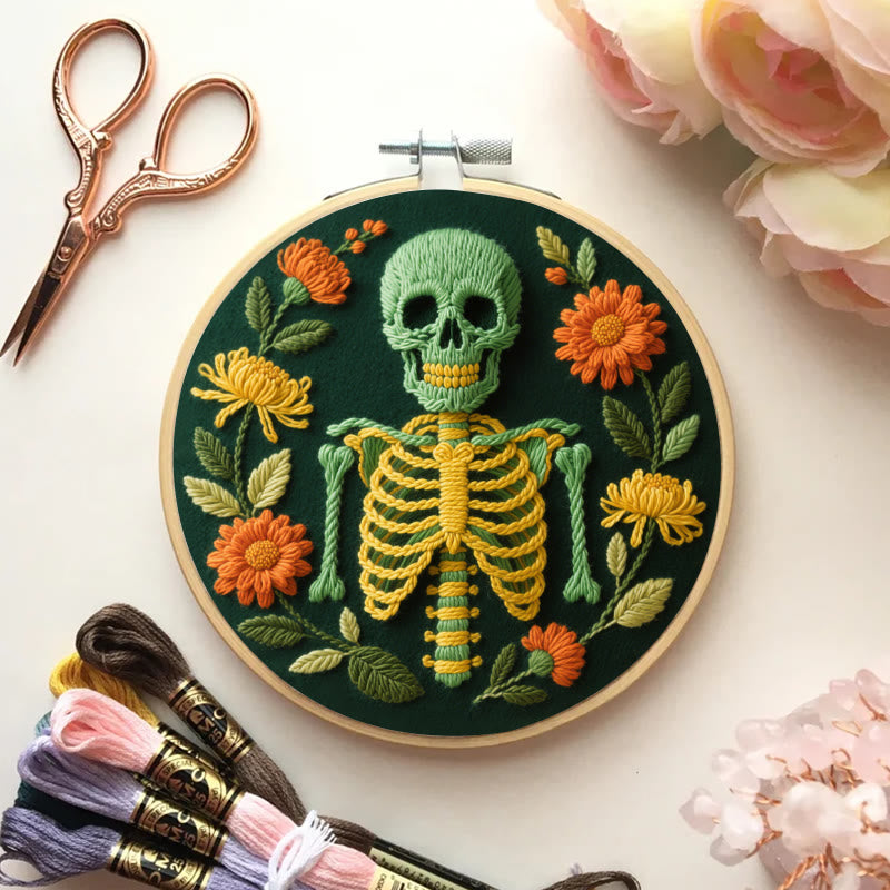 Rubbyoo Embroidery Kit - Skeleton With Flowers | Beginners Handmade Crafts - image 1
