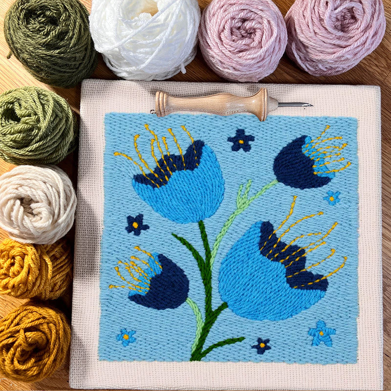 Blue Floral Square Punch Needle Kit - Flower Collection Craft | Creative Beginners Kit - image 1