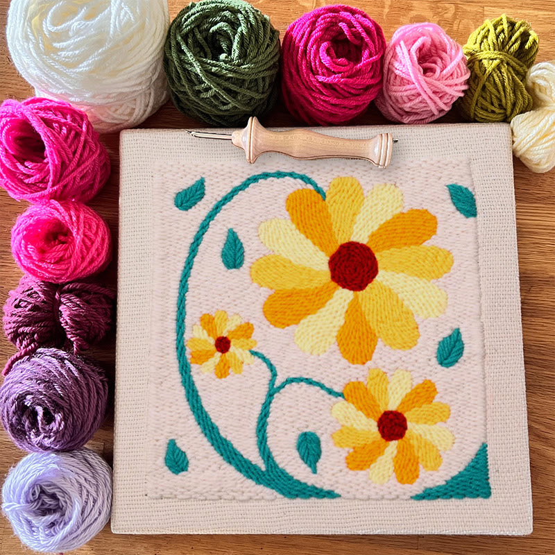Yellow Flowers Square Punch Needle Kit - Beautiful  Wall Hanging | Diy Craft Project - image 1