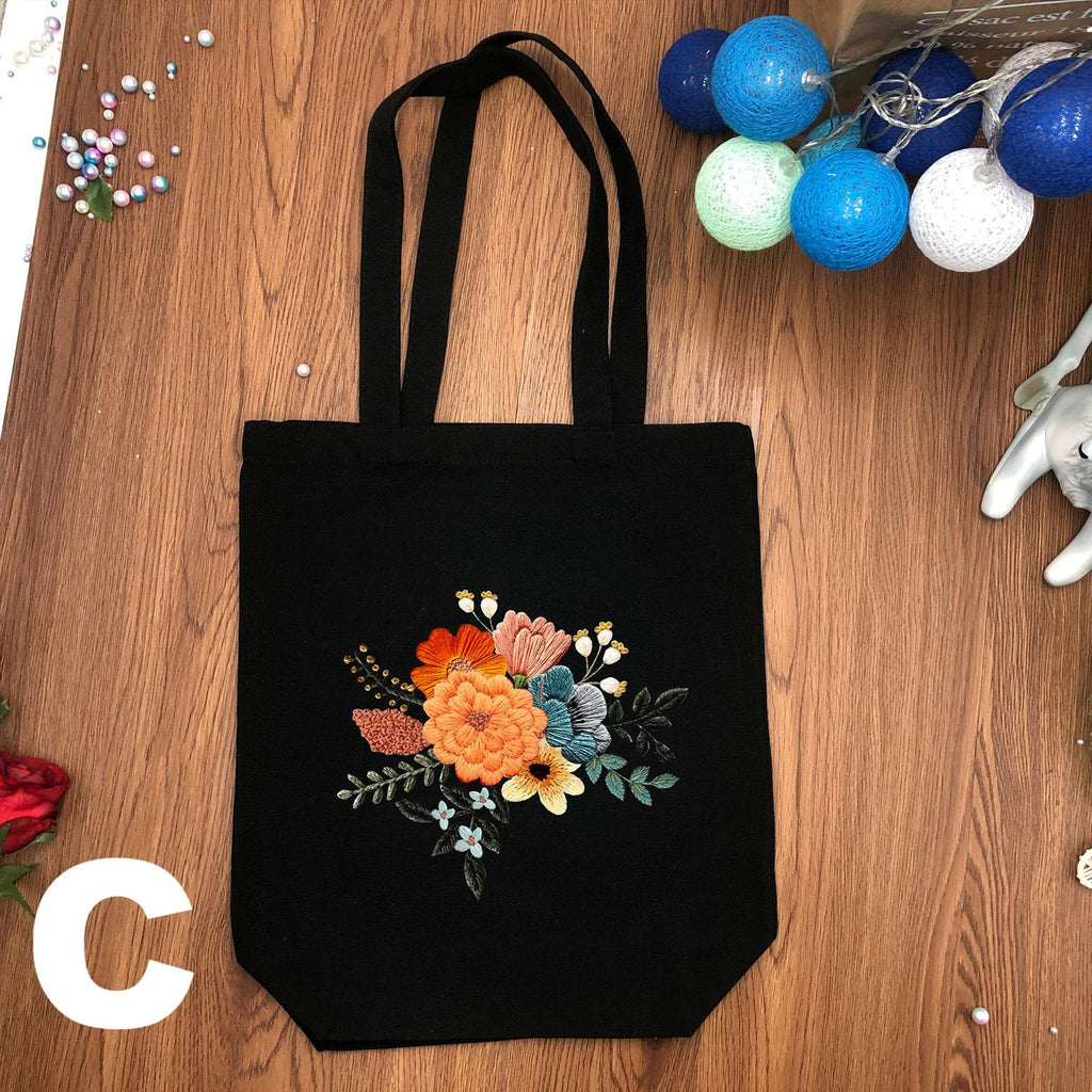  Embroidery Black And White Canvas Bag Kits | Diy Floral Crafts | Handmake Gift For Friends - Black - C - image 6