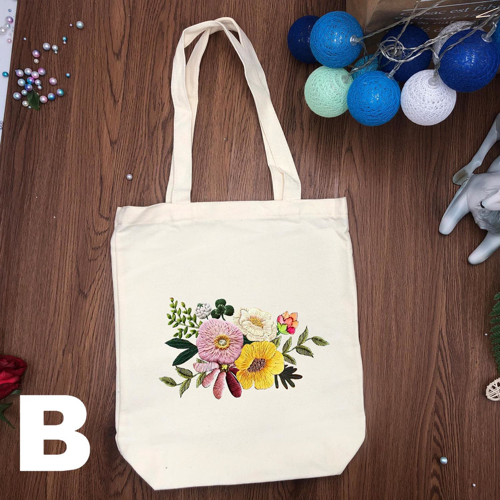  Embroidery Black And White Canvas Bag Kits | Diy Floral Crafts | Handmake Gift For Friends - White - B - image 3